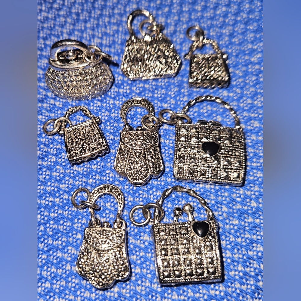 Vintage Silver Colored Purse Charms Set of 8 Bags & 25 Middle Pieces EUC